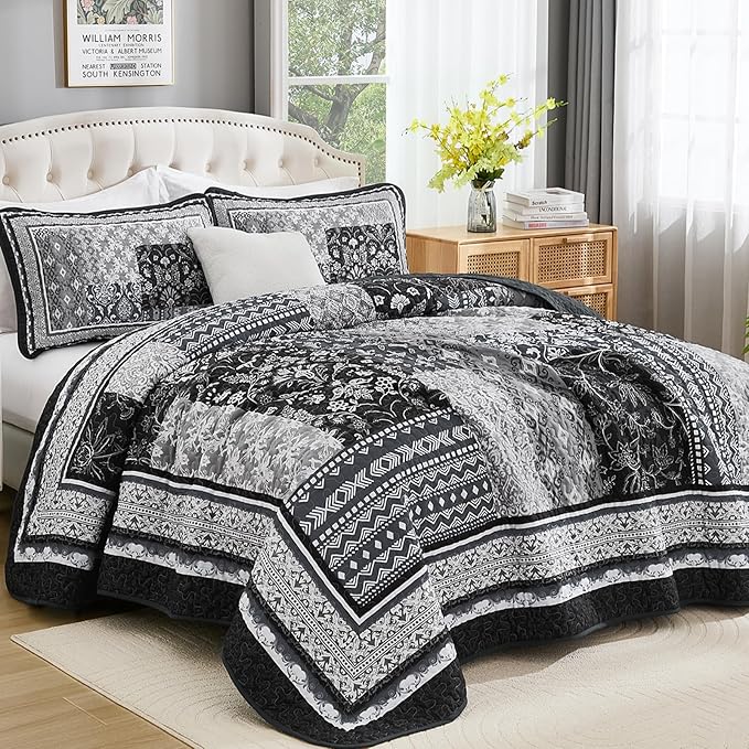 WONGS BEDDING Black Quilt Set King Size, 3 Pieces Boho Patchwork Bedspread - Image 2