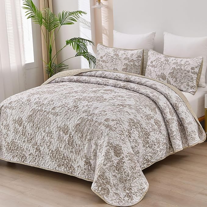 WONGS BEDDING Botanical Quilt Set California King Size, Khaki 3 Pieces Toile by WONGSBEDDING