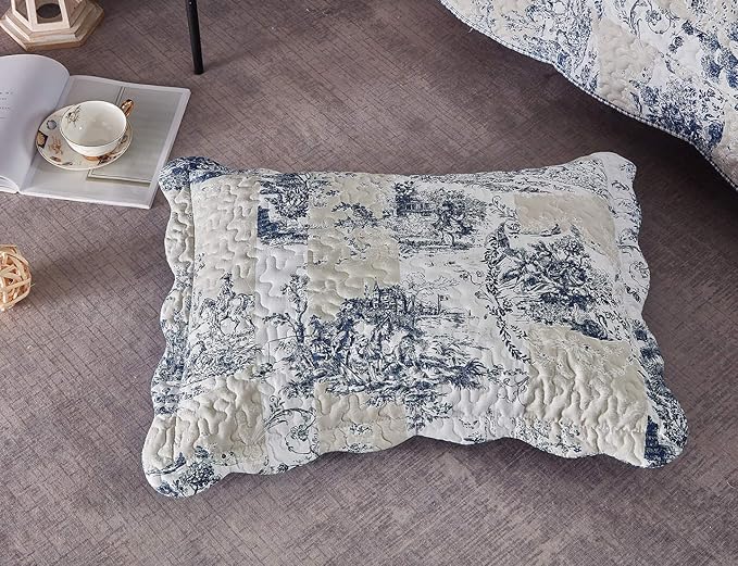 Brilliant Sunshine Blue Toile in Beige and Ivory Patches, 3-Piece Quilt Set - Image 4