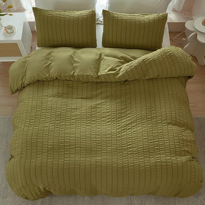 AveLom Olive Green Seersucker Duvet Cover Set King Size, 3 Pieces, Ultra Soft - Image 5