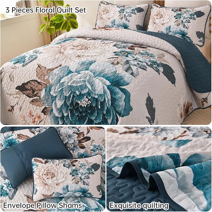 WONGS BEDDING Floral Quilt Set Aqua Queen, Quilted Printed Lightweight - Image 5