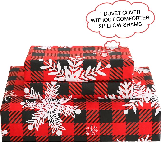 JSD Red Buffalo Plaid Snowflakes Duvet Cover Set Full Size, 3 Piece Christmas - Image 3
