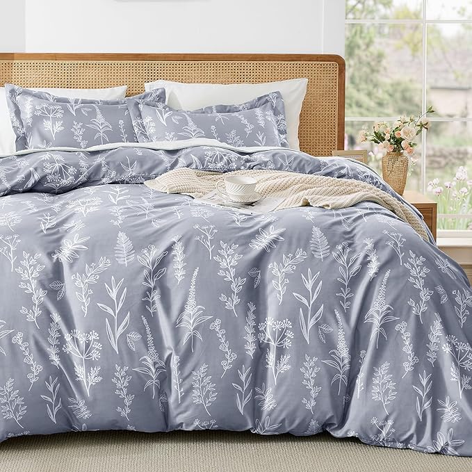 MUXHOMO Duvet Cover Queen Size, Reversible Floral Grey Duvet Cover Set by MUXHOMO