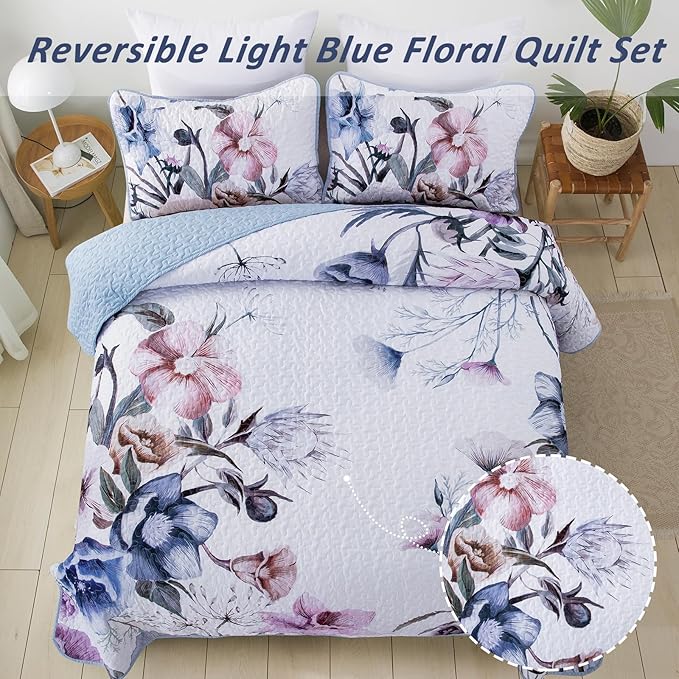 Floral Quilt Set King 3 Pieces Light Blue Floral Quilt Coverlet Set Soft - Image 4
