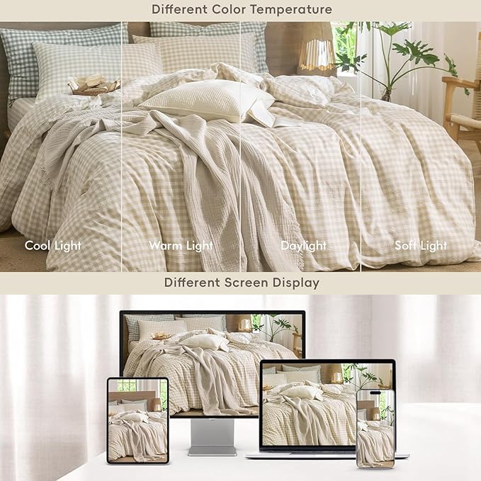 MooMee Gingham Duvet Cover Set 100% Washed Cotton Linen Like Textured - Image 6