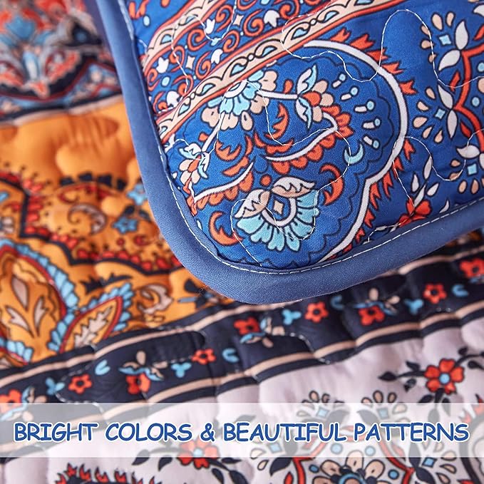 WONGS BEDDING Boho Fall Quilt Full Size, 3 Pieces Orange Blue Bohemian - Image 6