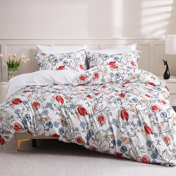LONAVA Queen Flower 3 Pcs Duvet Cover Set, Breathable Soft Microfiber White - Image 8