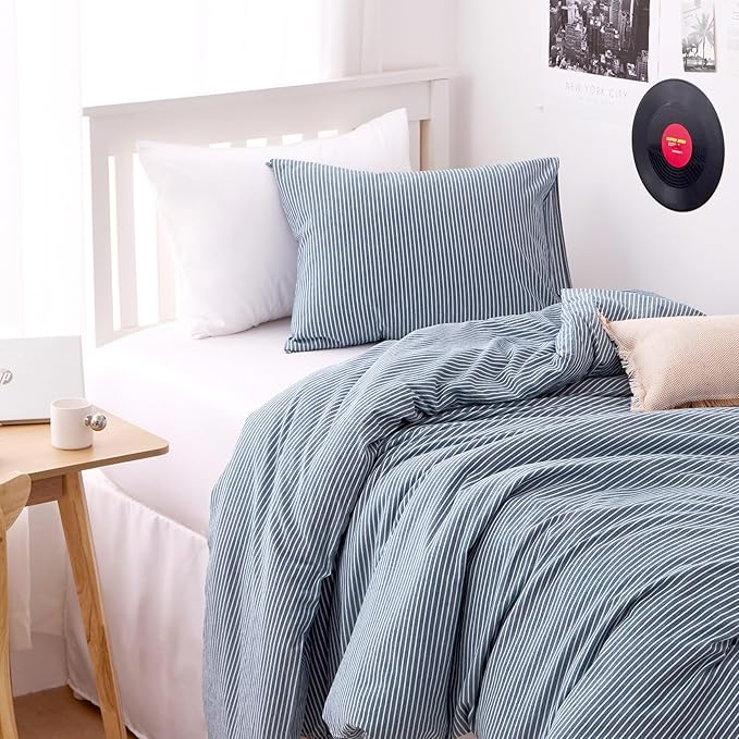Wake In Cloud - Striped Cotton Duvet Cover Set, 100% Washed Cotton Textured - Image 5