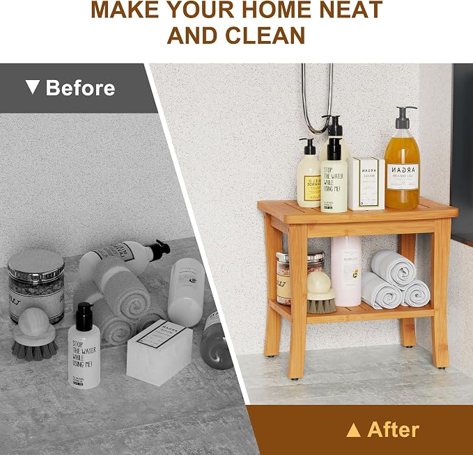 Bamboo Shower Bench Stool with Storage Shelf Waterproof Shower Chair Spa Bath - Image 5