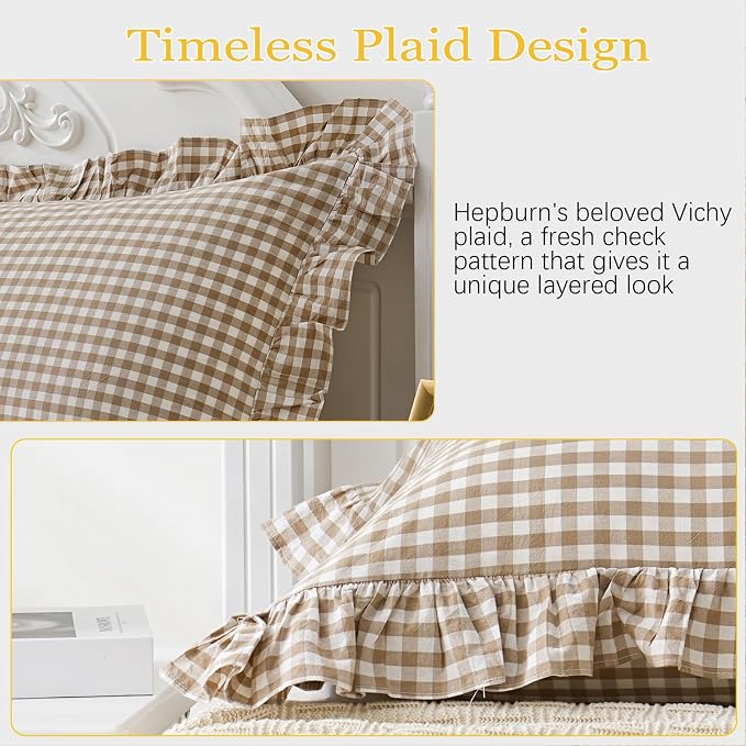 2 Pack Taupe/Brown Plaid Ruffle Throw Pillow Covers Farmhouse Checkered Chic - Image 7