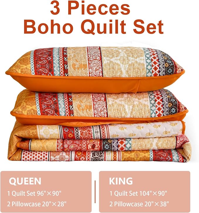 WONGS BEDDING Boho Stripe Quilt Set Queen Size, 3 Pieces Orange Bohemian Quilt - Image 7