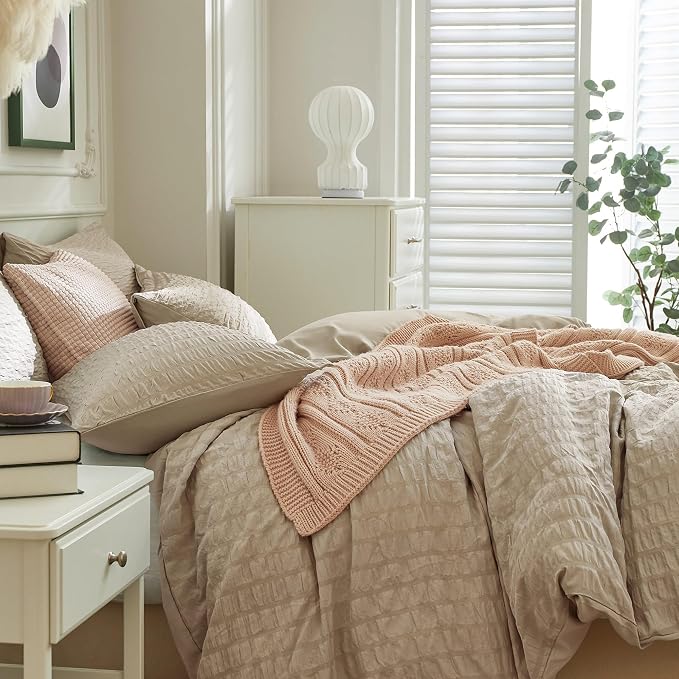 JELLYMONI Khaki Duvet Cover Full Size, Soft Breathable Seersucker Duvet Cover - Image 7
