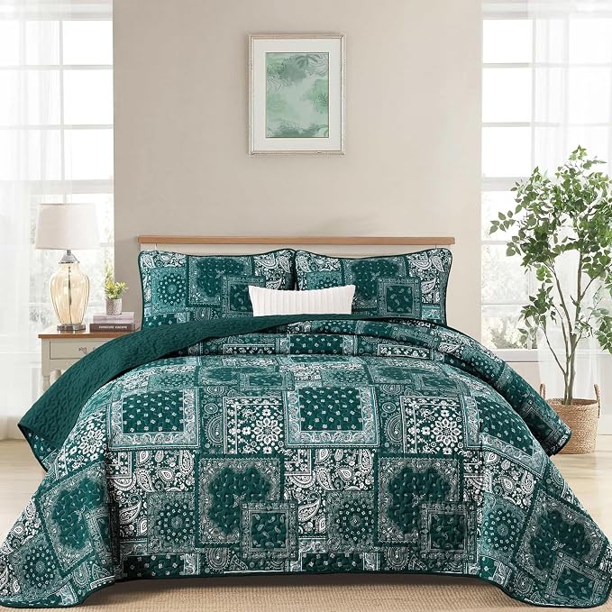 Cottolester King Quilt Set 3 Pieces, Emerald Green Patchwork Quilt Set by Cottolester