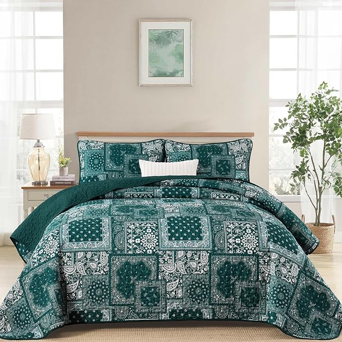Cottolester Queen Quilt Set 3 Pieces, Emerald Green Patchwork Quilt Set by Cottolester