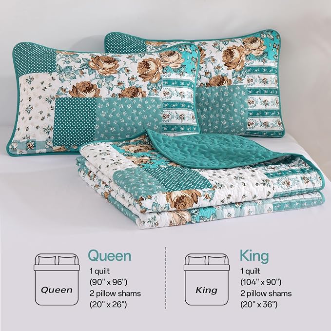 Anibedding Teal Quilt Set King Size Patchwork Floral Bedspread Coverlet - Image 7