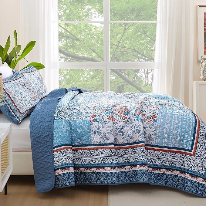 WONGS BEDDING Blue Quilt Set Queen Size, Bohemian Patchwork Bedspread Coverlet - Image 3