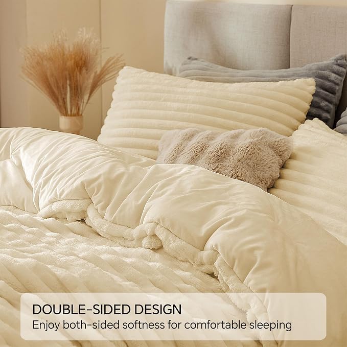 BEDELITE Fleece Twin Comforter Set -Super Soft & Warm Fluffy Beige Bedding - Image 4