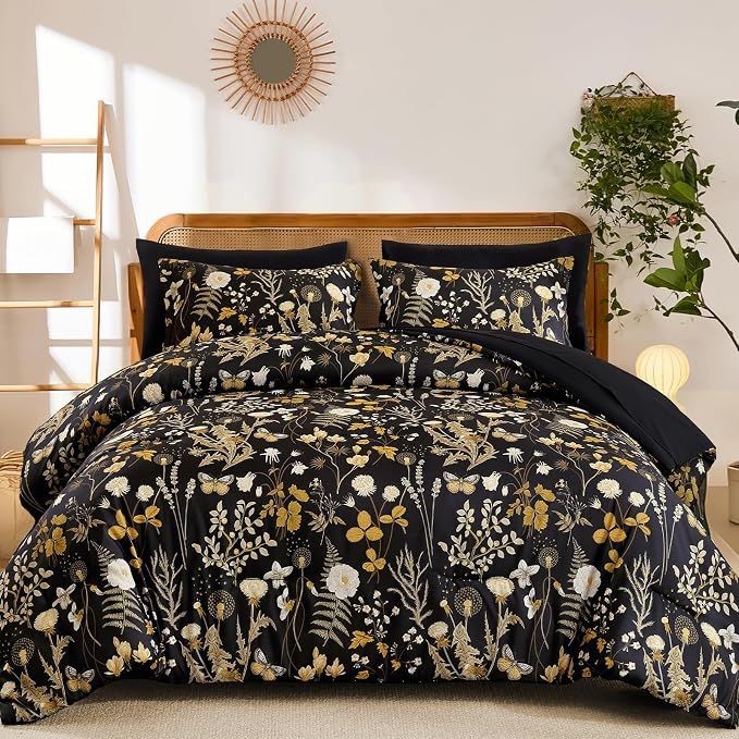Yiran King Size Comforter Set, 7 Pieces Black Floral Soft Bedding Sets - Image 9