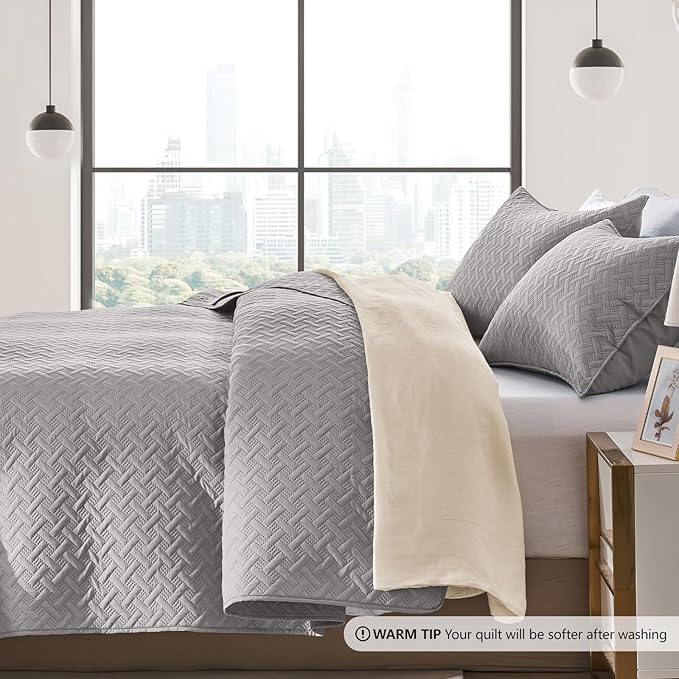 FLYMME Queen Quilt Bedding Set Light Grey Lightweight Bedspreads Full Size - Image 4