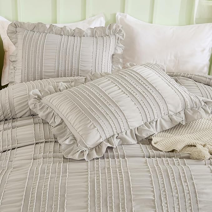 WONGS BEDDING Grey Textured Comforter Set King, 3 Pieces Ruffle Farmhouse - Image 7