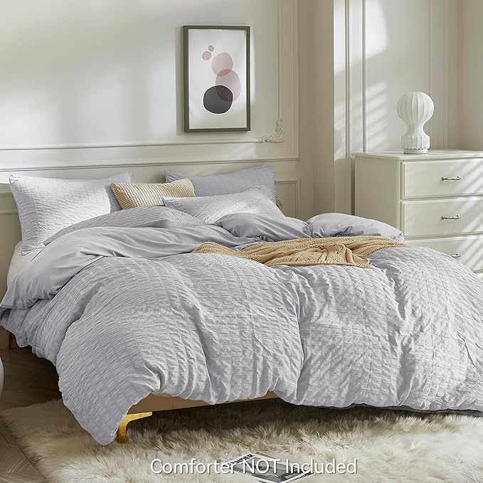 JELLYMONI Light Grey Duvet Cover Queen Size, Soft Breathable Seersucker Duvet - Image 3