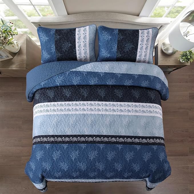 DJY Stripe Quilt Set Queen Size Blue Bedspread Coverlet Set 3 Pieces Boho - Image 3