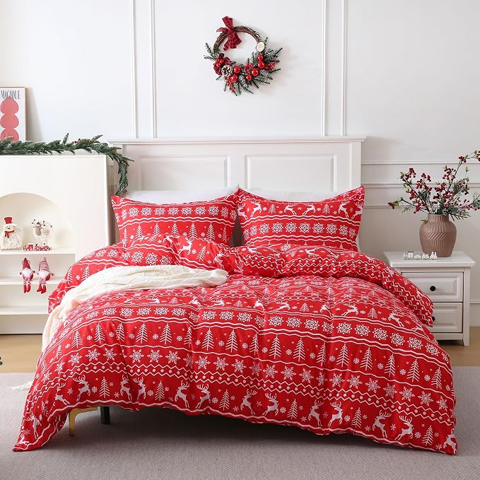 JSD Red Christmas Duvet Cover Set Queen Size, 3 Piece Snowflakes Reindeer - Image 7