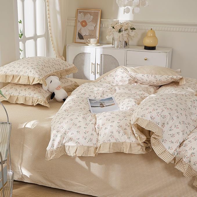 mixinni Beige Floral Duvet Cover Twin XL Size, 100% Cotton Cute Strawberry - Image 7