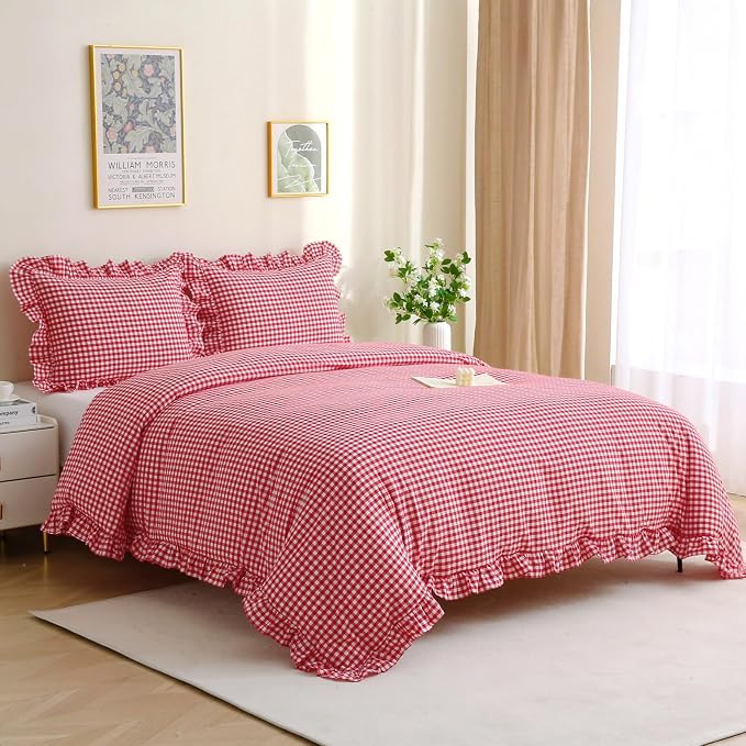 Silnuo Red/White Checkered Ruffle 3-Piece Duvet Cover Set King Size, Washed - Image 3