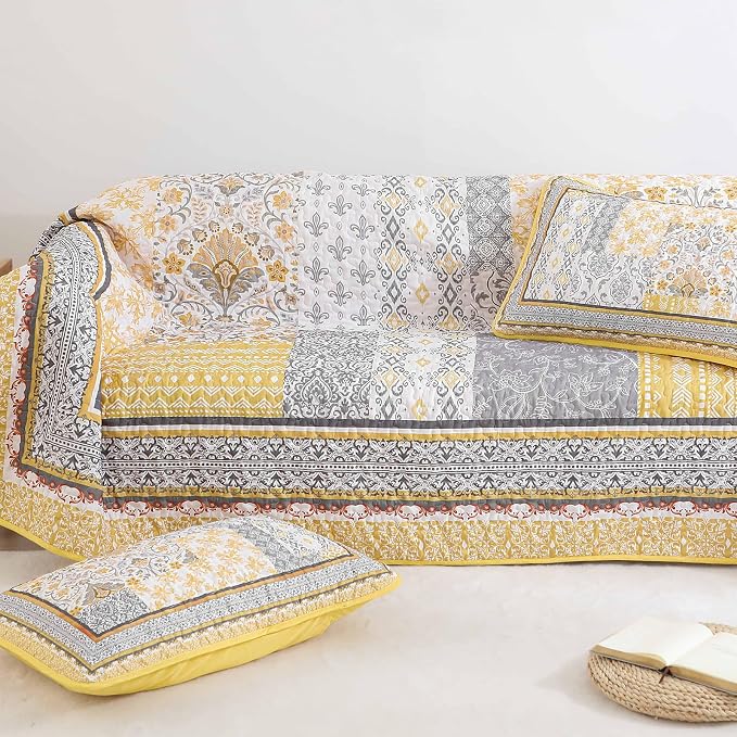 WONGS BEDDING Yellow Quilt Set Queen, Bohemian Patchwork Bedspread Coverlet Set - Image 8