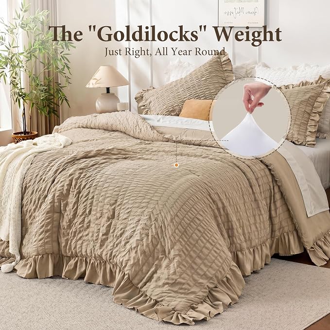 JOLLYVOGUE King Size Comforter Set, 3 Pieces Khaki Seersucker Comforters King - Image 3