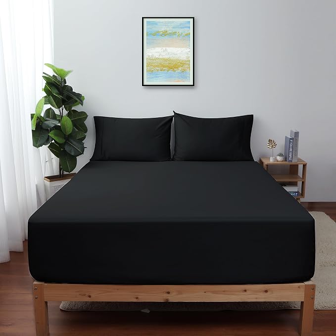 King Size Fitted Sheet Only Black, 100% Egyptian Cotton 600 Thread Count by ShunjieHome