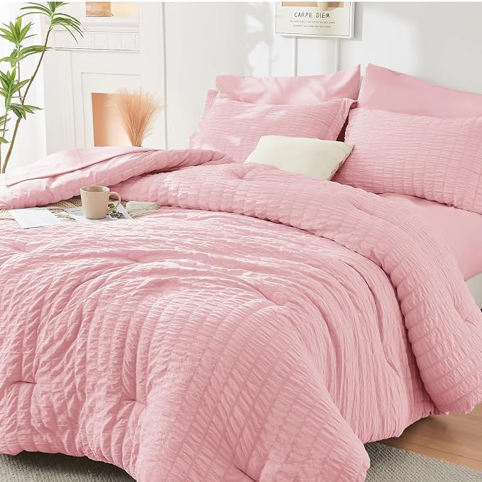 HYMOKEGE Pink Full Size Comforter Sets Seersucker 7 Pieces, All Season Luxury by HYMOKEGE