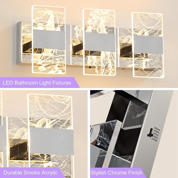 Modern LED Bathroom Light Fixtures Dimmable 3-Light Chrome Vanity Light - Image 6