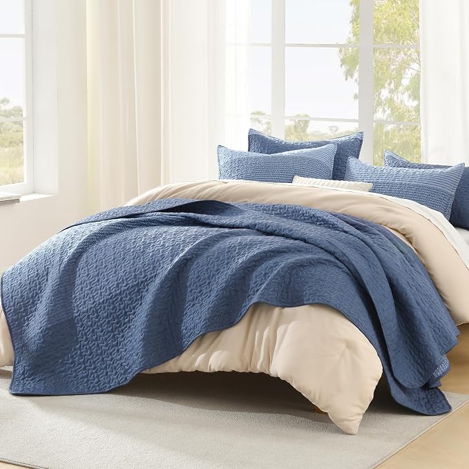 Litanika Quilt Queen Size Sapphire Blue, Stripe Patchwork Summer Bedspread by Litanika