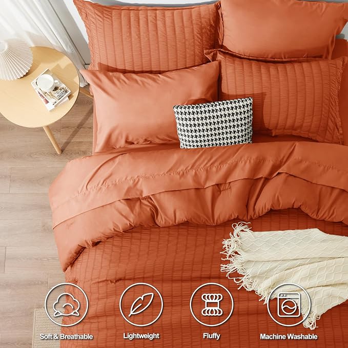 CozyLux King Size Comforter Set Burnt Orange Seersucker 7 Pieces Bed in a Bag - Image 2
