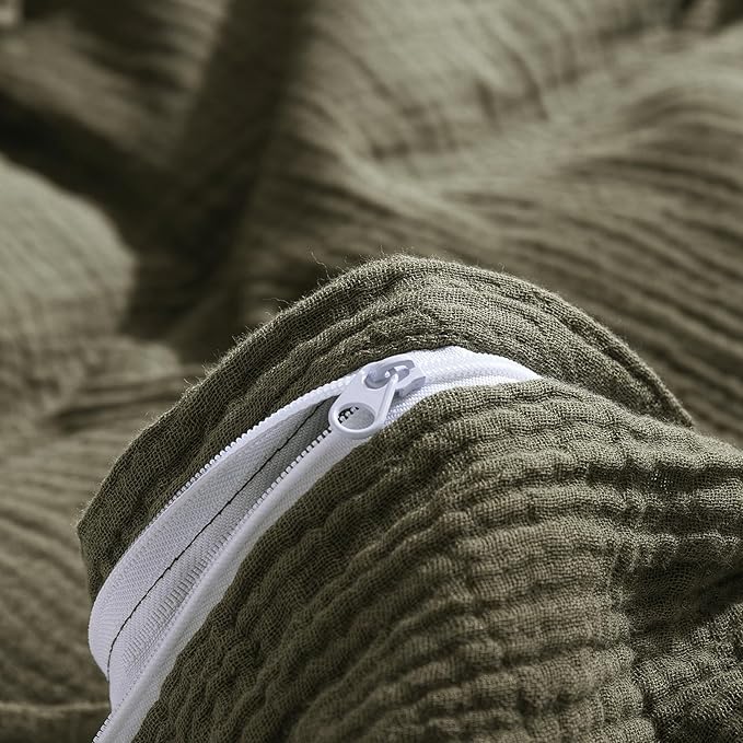 mixinni Olive Green Waffle Weave Duvet Cover Set King, 3-Piece 100% Natural - Image 6