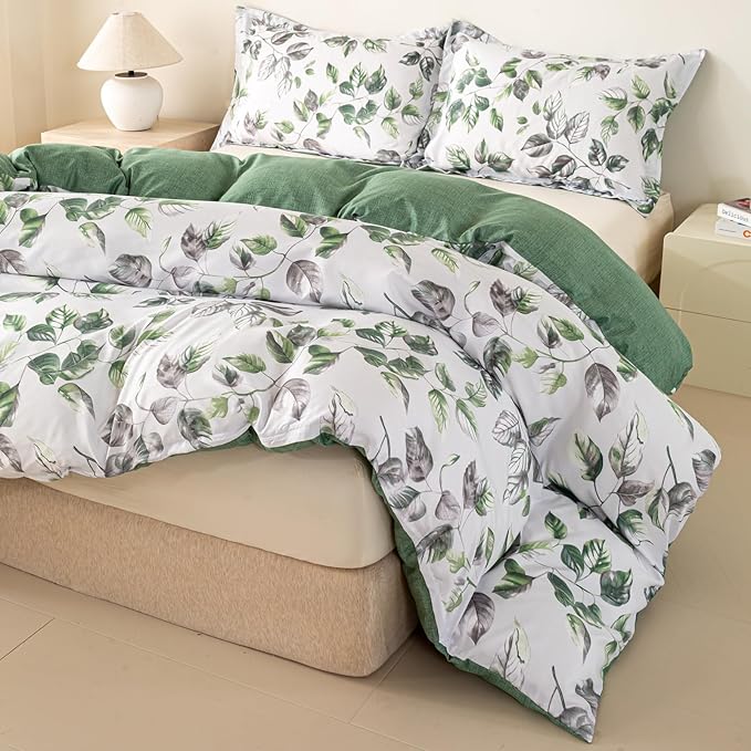 OAITE Duvet Cover Queen Size, Reversible Leaf White Duvet Cover Set - Image 3