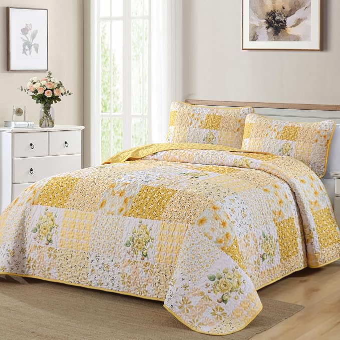 Mybedsoul Patchwork Quilts Queen Size, Soft Yellow Boho Floral Bedspreads - Image 2