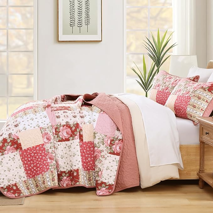 Anibedding 3Pieces Patchwork Quilts Queen Size, Bohemian Red Flower Plaid - Image 4