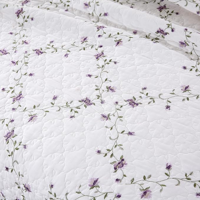 Quilt Set Purple Floral 3D Embroidery Pattern 3 PCS 100% Cotton Reversible - Image 3