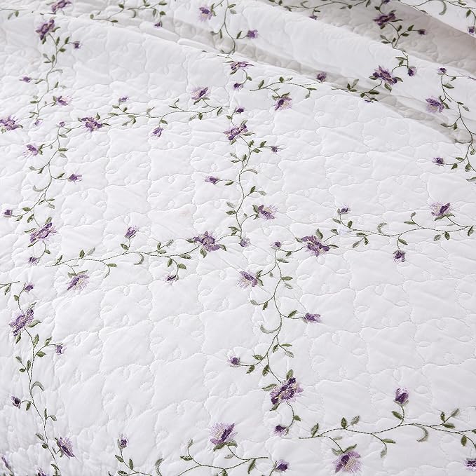 Quilt Set Purple Floral 3D Embroidery Pattern 3 PCS 100% Cotton Reversible - Image 3