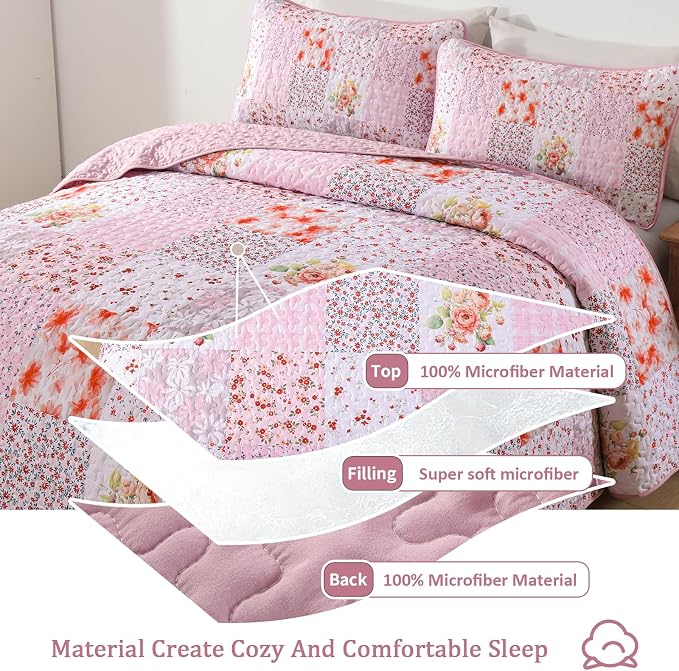Mybedsoul Patchwork Quilt King Size, Soft Pink Boho Floral King Bedspreads - Image 3