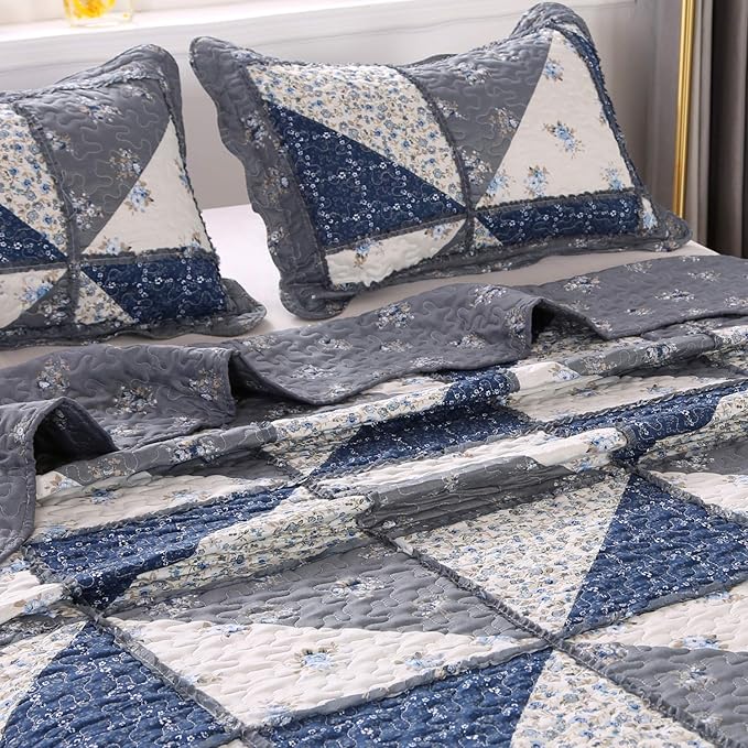 Oversized King Size Grey Floral Plaid Patchwork Quilt Set 128x120 Extra Wide - Image 7
