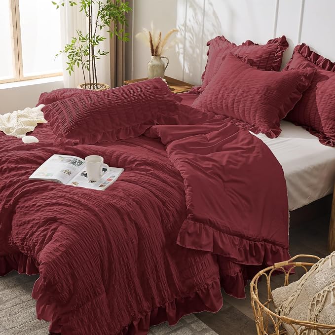 JOLLYVOGUE King Size Comforter Set, 3 Pieces Burgundy Seersucker Comforters - Image 7