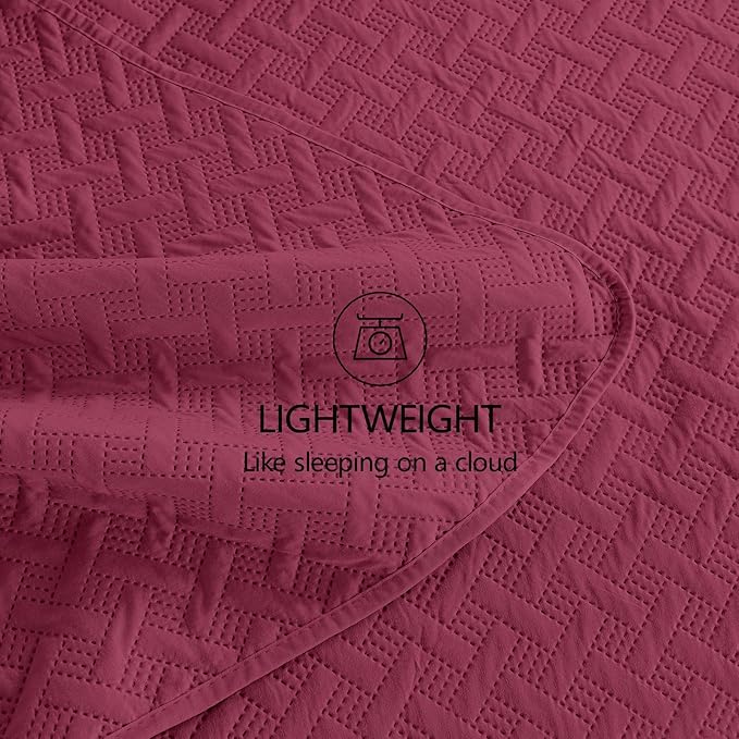 FLYMME Twin Quilt Set, Lightweight Burgundy Bedspreads, Basket Weave Pattern - Image 6