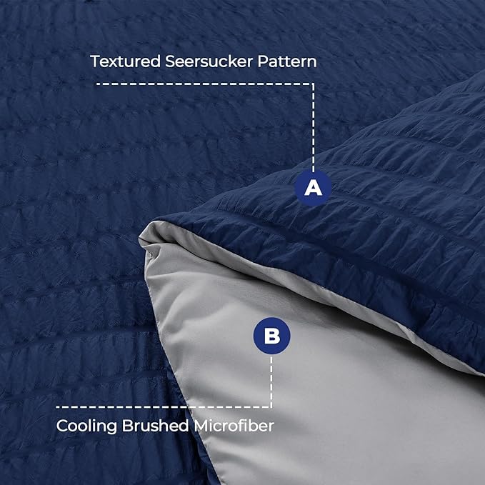 HYMOKEGE Navy Blue/Light Grey King Size Comforter Set Seersucker 7 Pieces - Image 4