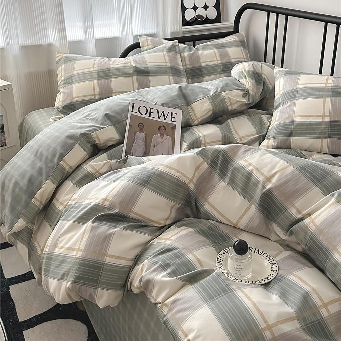 mixinni Green Grid Duvet Cover Set Queen - Image 7