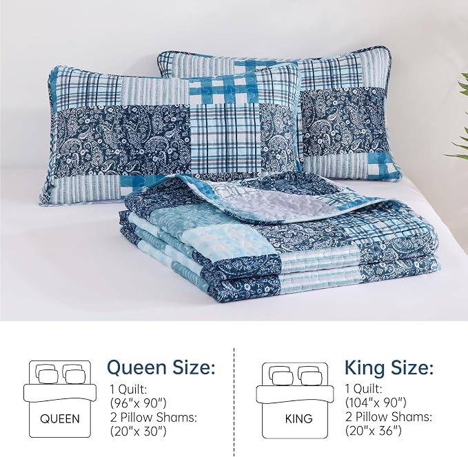 Xruibed Blue Quilt Set King Size 3 Pieces Plaid Floral Boho Bedspread Coverlet - Image 9