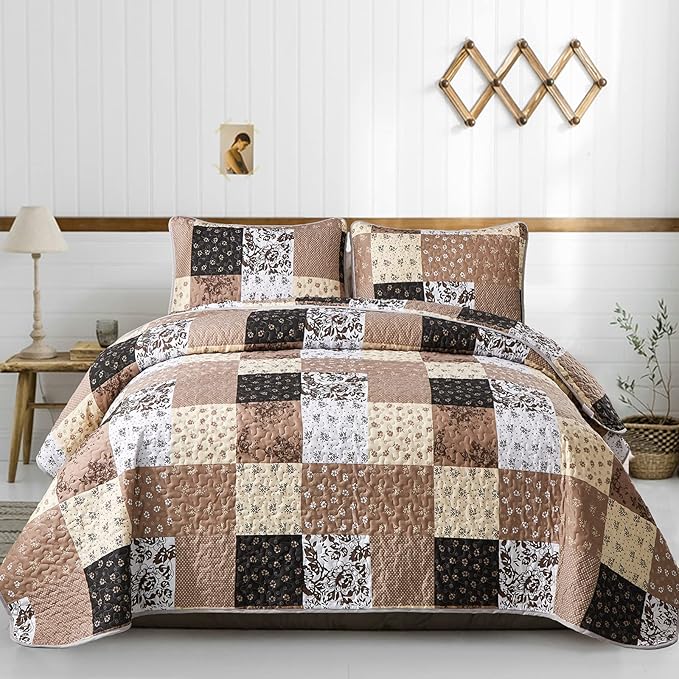 Mybedsoul Khaki Quilt Set King Size Quilt Bedding Set Brown Plaid, 3 Pieces by Mybedsoul